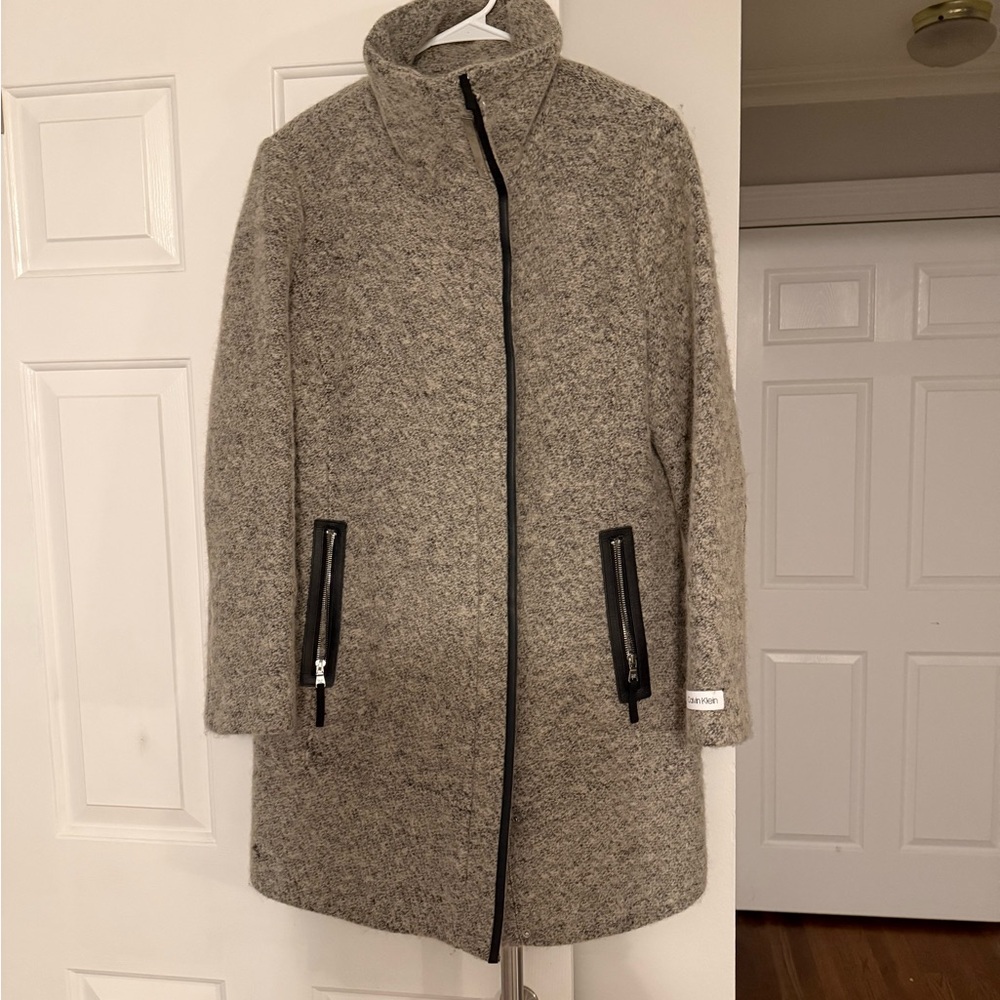 Calvin Klein Gray Textured Zip-Front Wool Blend Coat